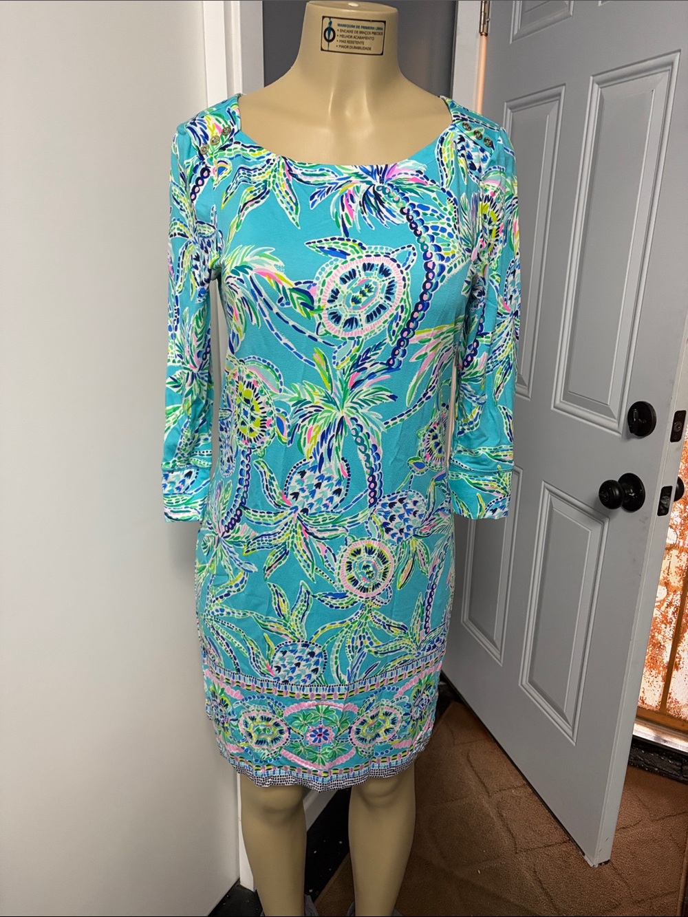 Lilly Pulitzer Aqua Tropical Floral Long Sleeve Shift Dress
